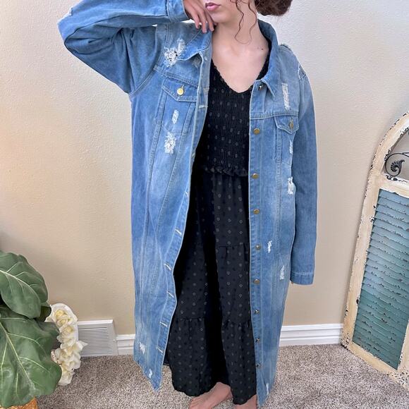 Boho Denim Duster Trench Coat Distressed Maxi Jacket Dress Women's Large NWOT